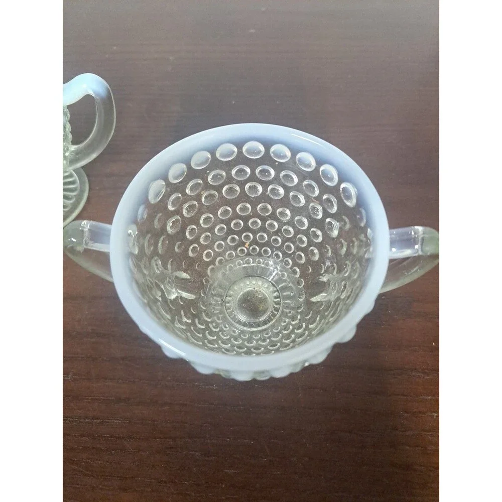 1940s Anchor Hocking Opalescent Hobnail Open Sugar Bowl And Creamer